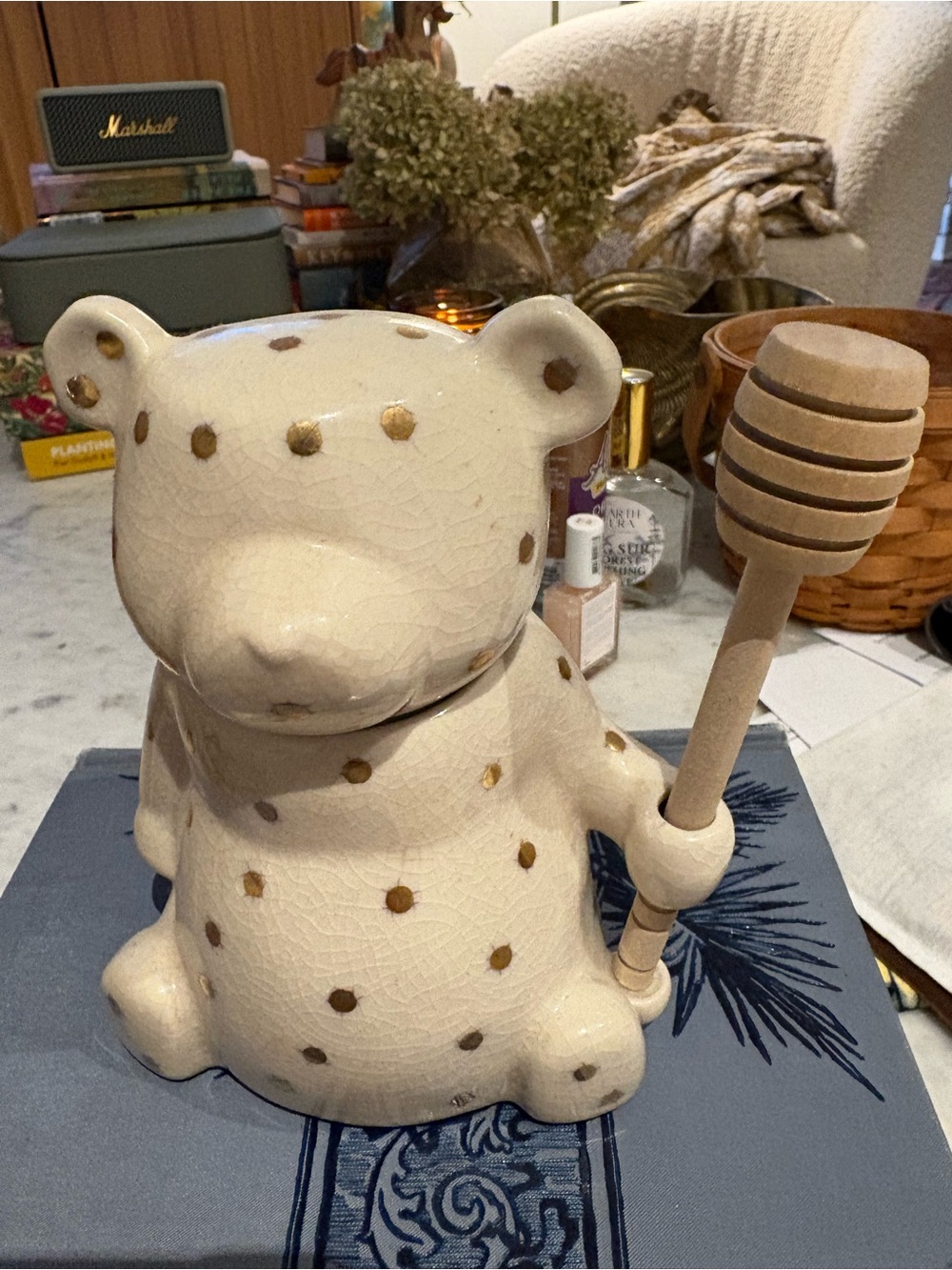 Anthropologie Ceramic Gold Dot Honey Bear Jar with Wood Dipper